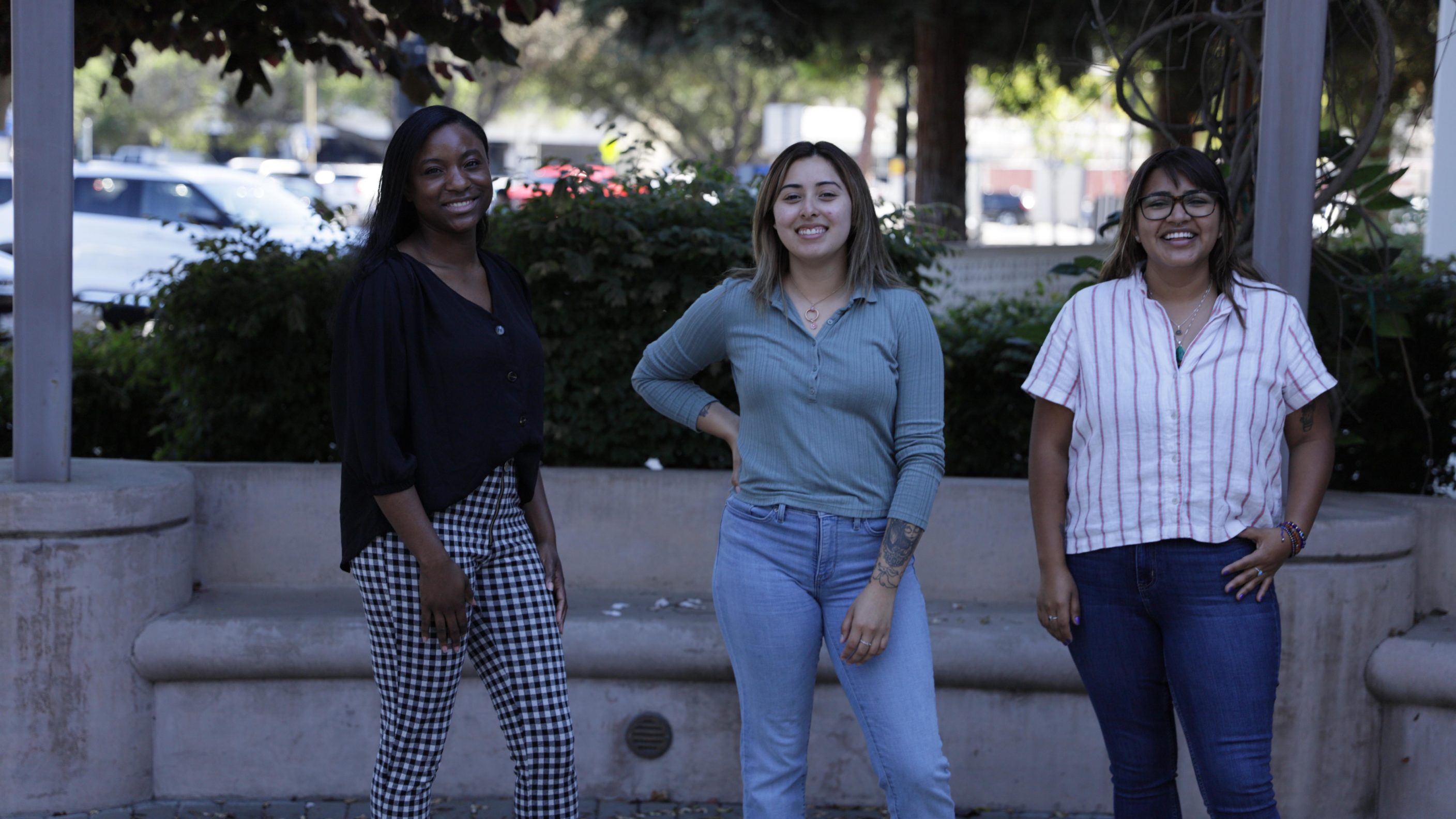 Basic Income Pilot program recipients (left to right) Aleta Smith, Naihla De Jesus, and Veronica Vieyra at the Government Center in July 2021